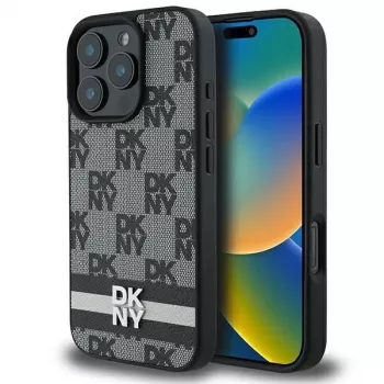 DKNY DKHCP16LPCPTSSK kova kotelo Apple iPhone 16 Pro 6,3 tuuman näytölle musta ruutukuvio ja painetut raidat