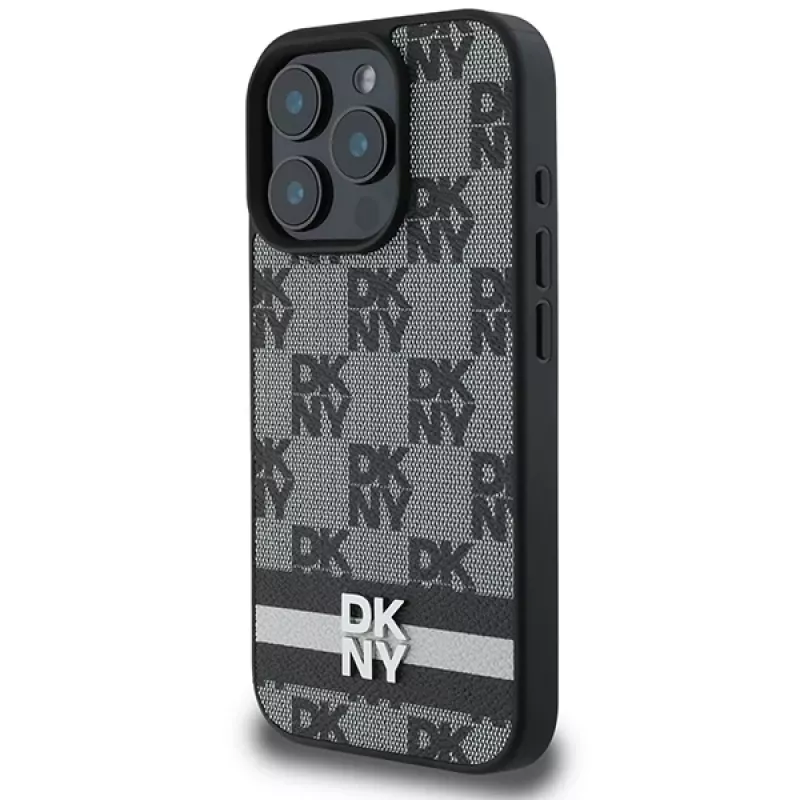 DKNY DKHCP16XPCPTSSK kova kotelo iPhone 16 Pro Max 6,9 tuuman näytölle musta ruutukuvio ja painetut raidat