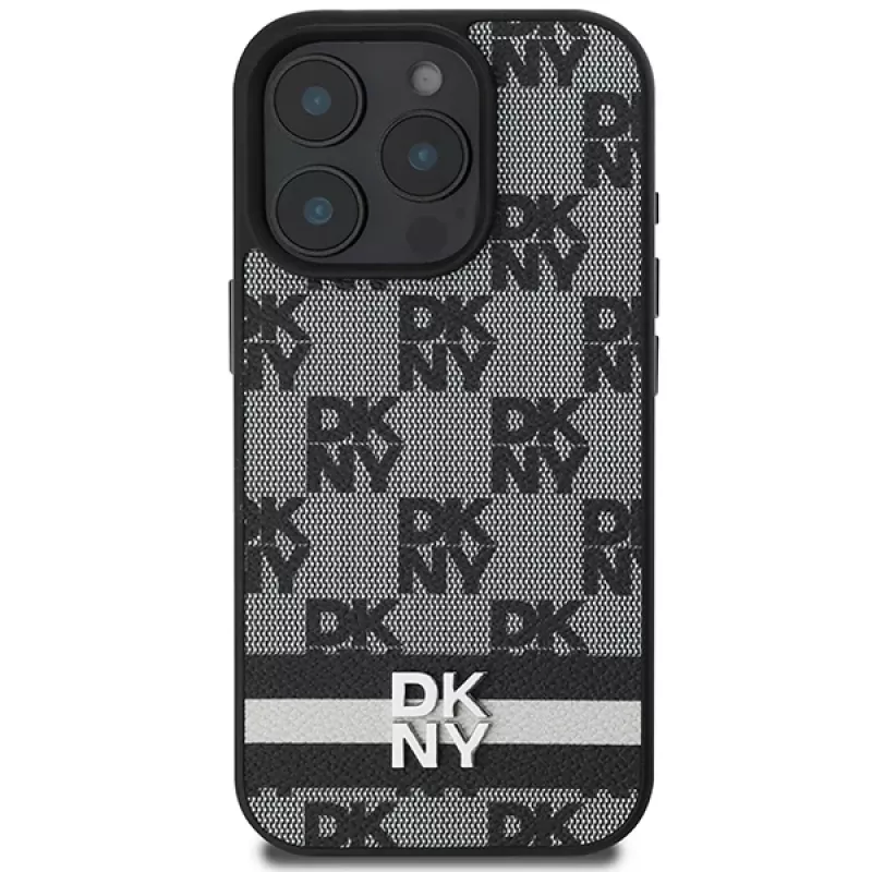 DKNY DKHCP16XPCPTSSK kova kotelo iPhone 16 Pro Max 6,9 tuuman näytölle musta ruutukuvio ja painetut raidat