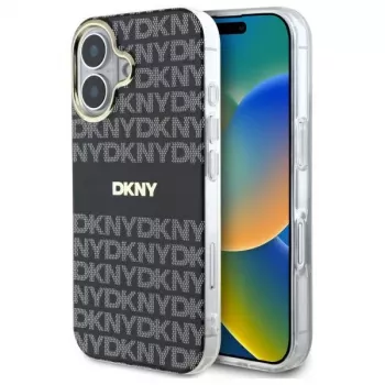 DKNY DKHMP16SHRHSEK kova kotelo Apple iPhone 16 6,1 tuuman näytölle - musta toistuvalla tekstuurikuviolla ja raidoilla
