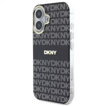 DKNY DKHMP16SHRHSEK kova kotelo Apple iPhone 16 6,1 tuuman näytölle - musta toistuvalla tekstuurikuviolla ja raidoilla