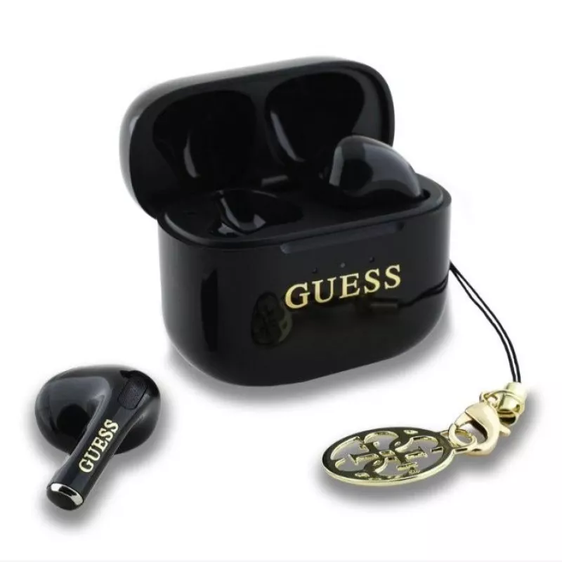 Guess Glossy Effect Printed Classic Logo & Charm TWS Bluetooth -nappikuulokkeet latauskotelolla (musta)
