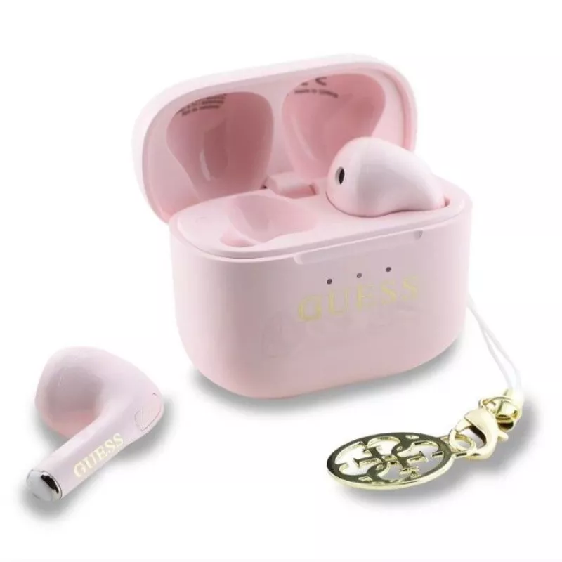 Guess Glossy Effect Printed Classic Logo & Charm TWS -nappikuulokkeet pinkki