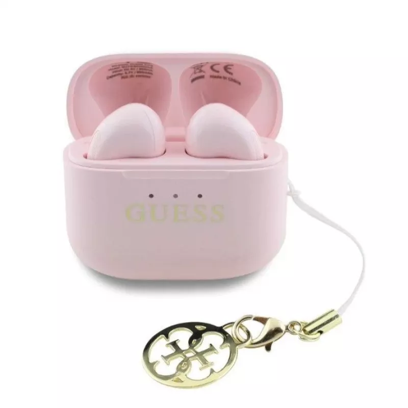 Guess Glossy Effect Printed Classic Logo & Charm TWS -nappikuulokkeet pinkki