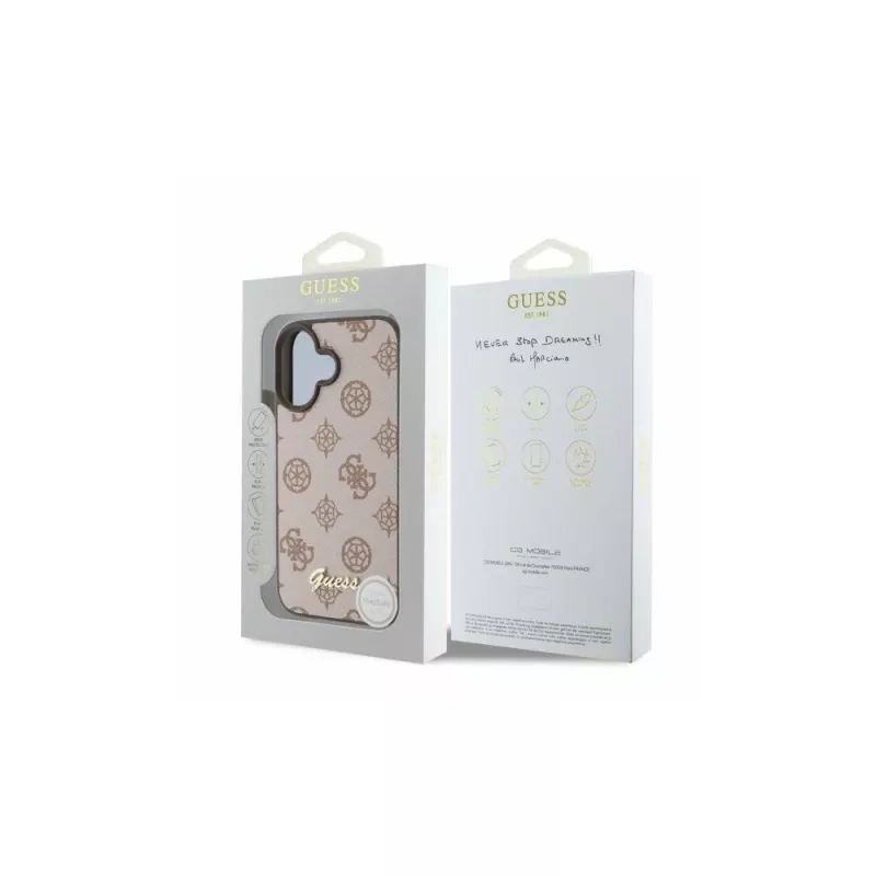 Guess Peony Script MagSafe -kotelo iPhone 16 (ruskea)