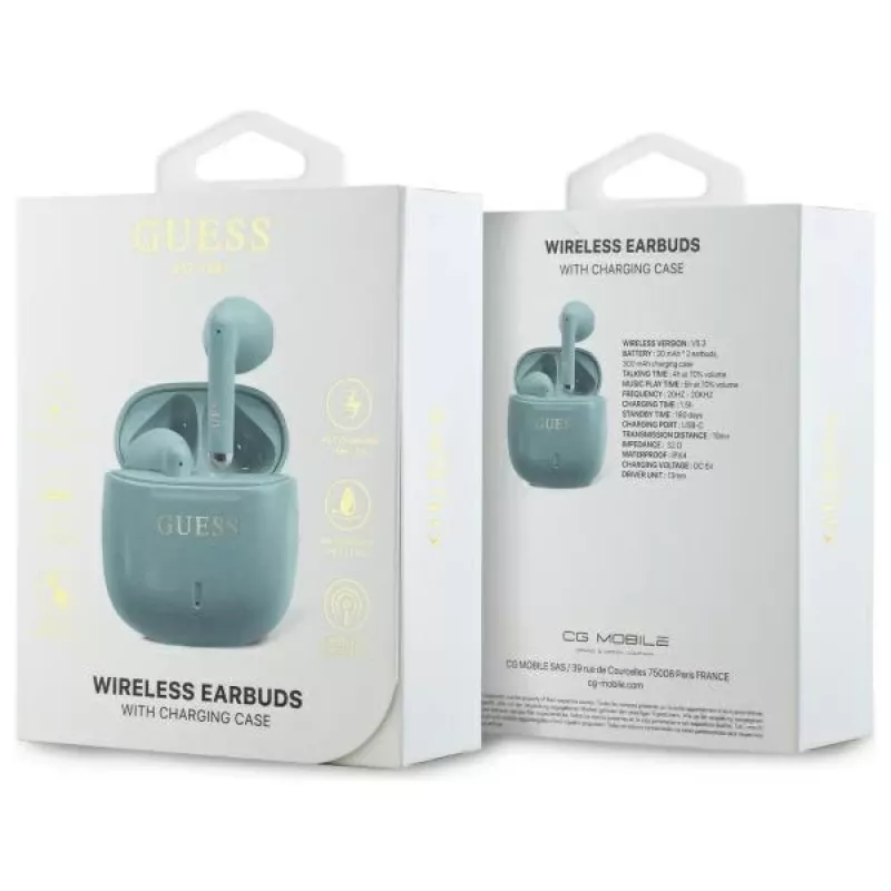 Guess Printed Classic Logo TWS Bluetooth -nappikuulokkeet latauskotelolla (turkoosi)