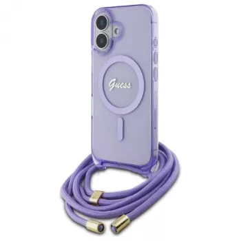 Guess GUHMP16SHCTSGNSU iPhone 16 6,1 tuuman näytölle violetti kovakuori Crossbody Cord Script MagSafe