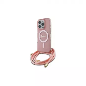 Guess GUHMP16XHCTSGNSP iPhone 16 Pro Max 6,9 tuuman näytölle pinkki kovakuori Crossbody Cord Script MagSafe