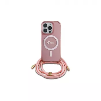 Guess GUHMP16XHCTSGNSP iPhone 16 Pro Max 6,9 tuuman näytölle pinkki kovakuori Crossbody Cord Script MagSafe