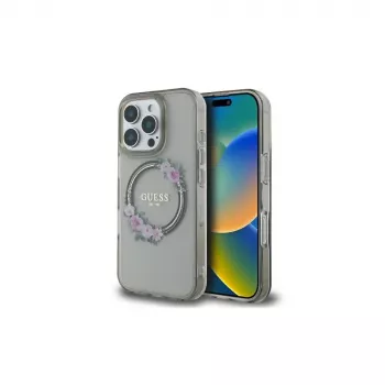 Guess GUHMP16LHFWFCK iPhone 16 Pro -kovakuori IML Flowers Wreath MagSafe musta