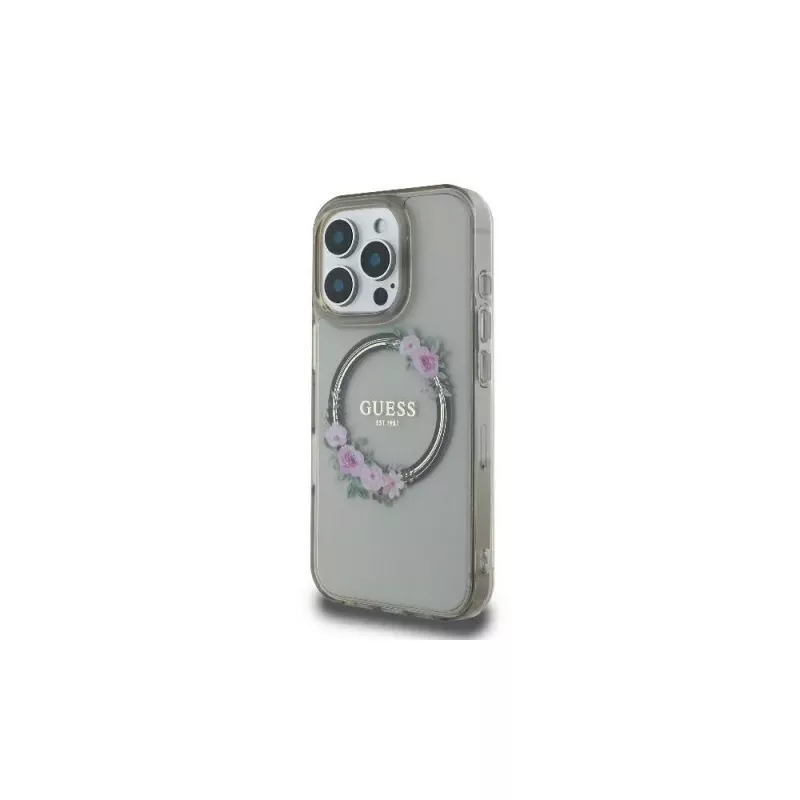 Guess GUHMP16LHFWFCK iPhone 16 Pro -kovakuori IML Flowers Wreath MagSafe musta