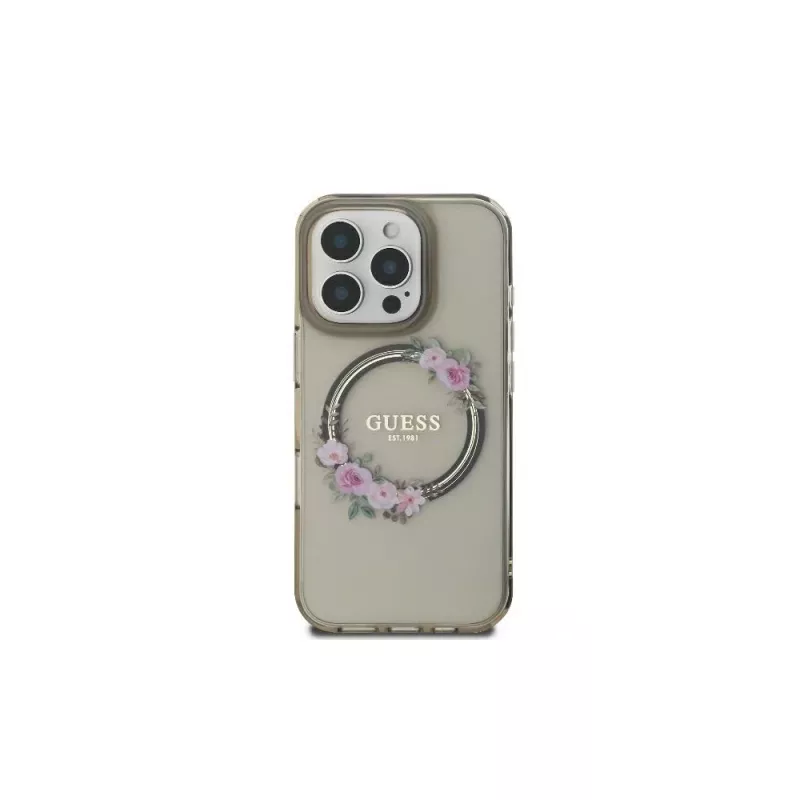Guess GUHMP16LHFWFCK iPhone 16 Pro -kovakuori IML Flowers Wreath MagSafe musta