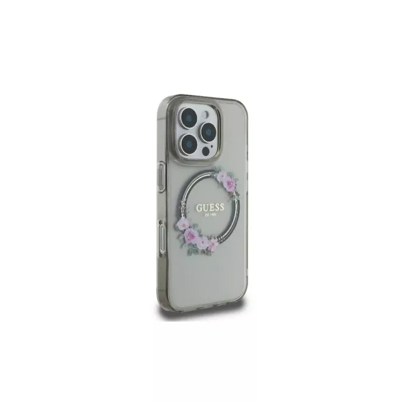 Guess GUHMP16LHFWFCK iPhone 16 Pro -kovakuori IML Flowers Wreath MagSafe musta