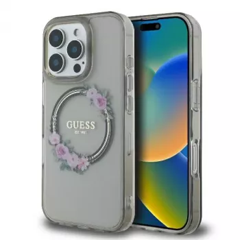 Guess GUHMP16XHFWFCK iPhone 16 Pro Max 6.9 musta kovakuori IML Flowers Wreath MagSafe