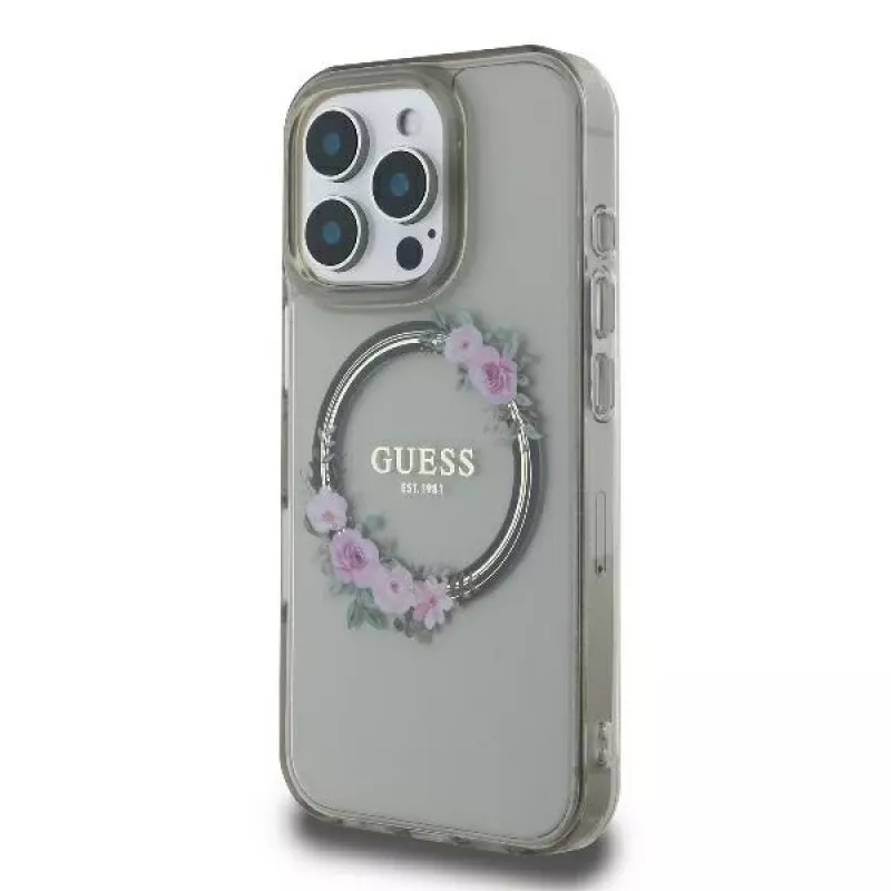 Guess GUHMP16XHFWFCK iPhone 16 Pro Max 6.9 musta kovakuori IML Flowers Wreath MagSafe