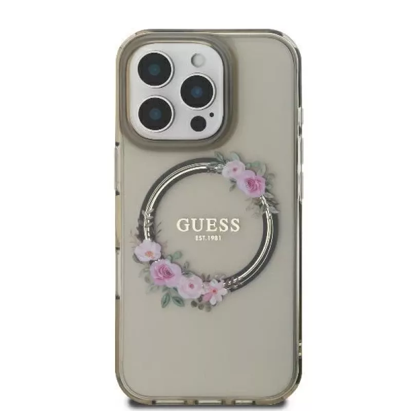Guess GUHMP16XHFWFCK iPhone 16 Pro Max 6.9 musta kovakuori IML Flowers Wreath MagSafe