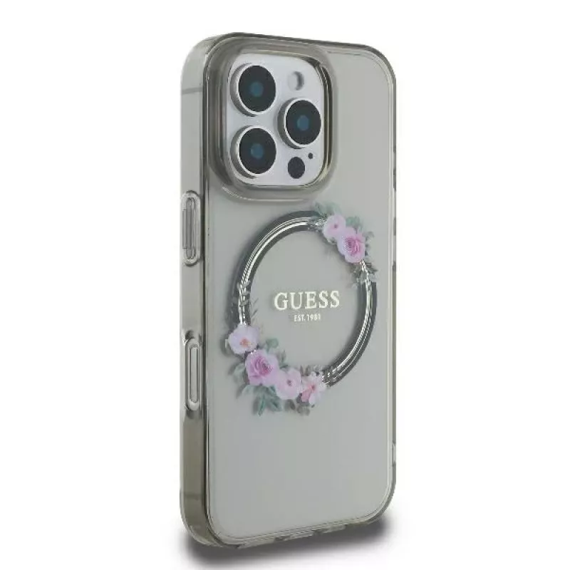 Guess GUHMP16XHFWFCK iPhone 16 Pro Max 6.9 musta kovakuori IML Flowers Wreath MagSafe