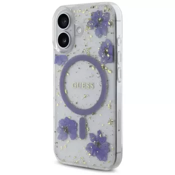 Guess Resin Flowers Glitter MagSafe kuori iPhone 16 violetti