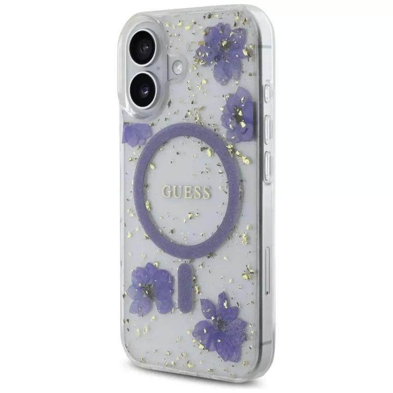 Guess Resin Flowers Glitter MagSafe kuori iPhone 16 violetti