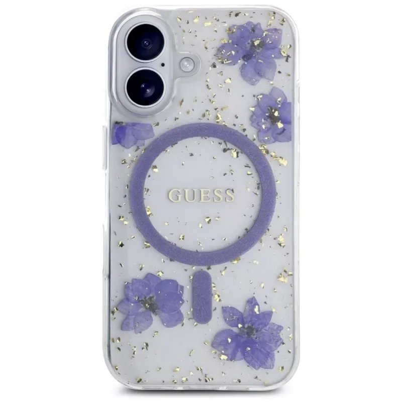 Guess Resin Flowers Glitter MagSafe kuori iPhone 16 violetti