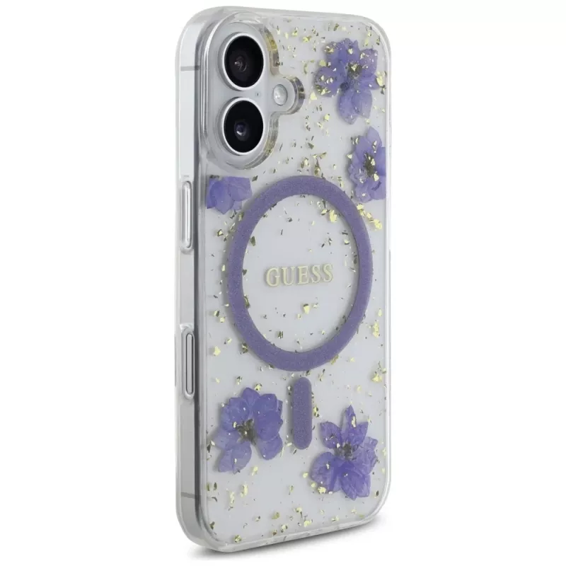 Guess Resin Flowers Glitter MagSafe kuori iPhone 16 violetti