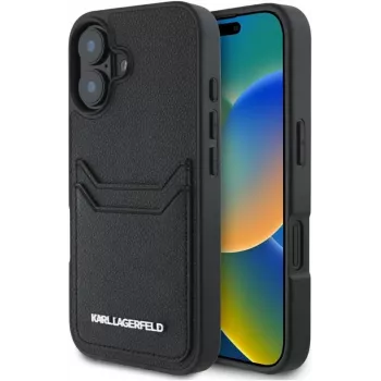 Karl Lagerfeld HC Grained PU Card Slot Metal Elongated Case iPhone 16, musta