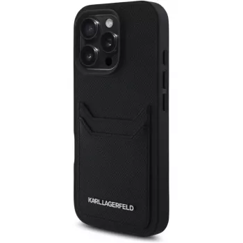 KARL LAGERFELD HC Grained PU Card Slot Metal Elongated Case iPhone 16 Pro musta