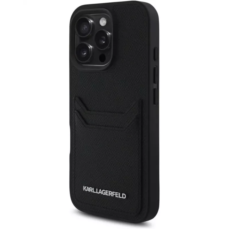 KARL LAGERFELD HC Grained PU Card Slot Metal Elongated Case iPhone 16 Pro musta