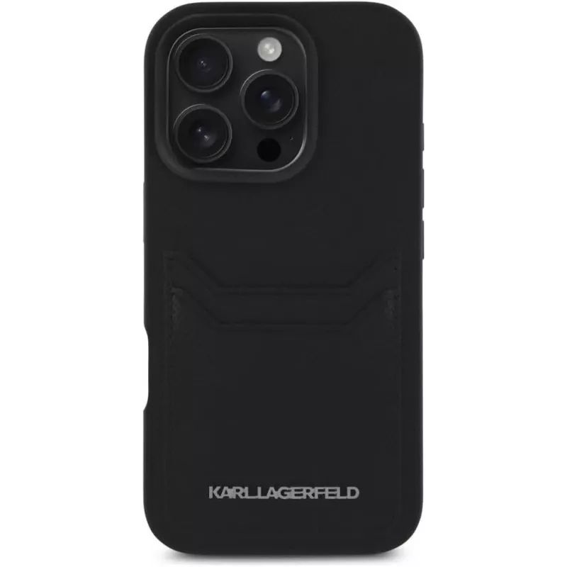 KARL LAGERFELD HC Grained PU Card Slot Metal Elongated Case iPhone 16 Pro musta
