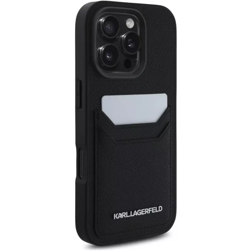 KARL LAGERFELD HC Grained PU Card Slot Metal Elongated Case iPhone 16 Pro musta