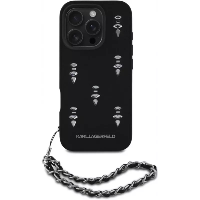 Karl Lagerfeld Saffiano Crystals with Chain Back Cover iPhone 16 Pro, musta