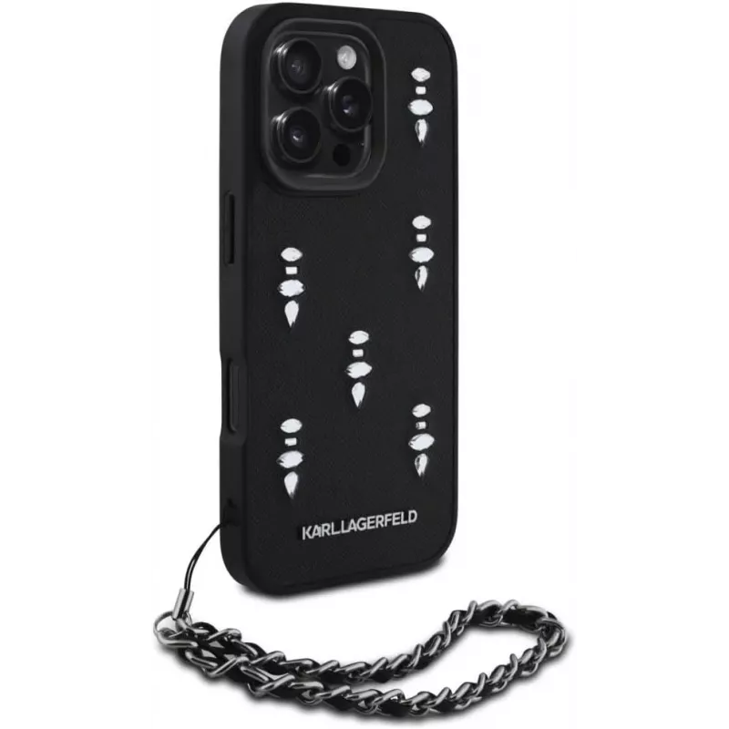 Karl Lagerfeld Saffiano Crystals with Chain Back Cover iPhone 16 Pro, musta