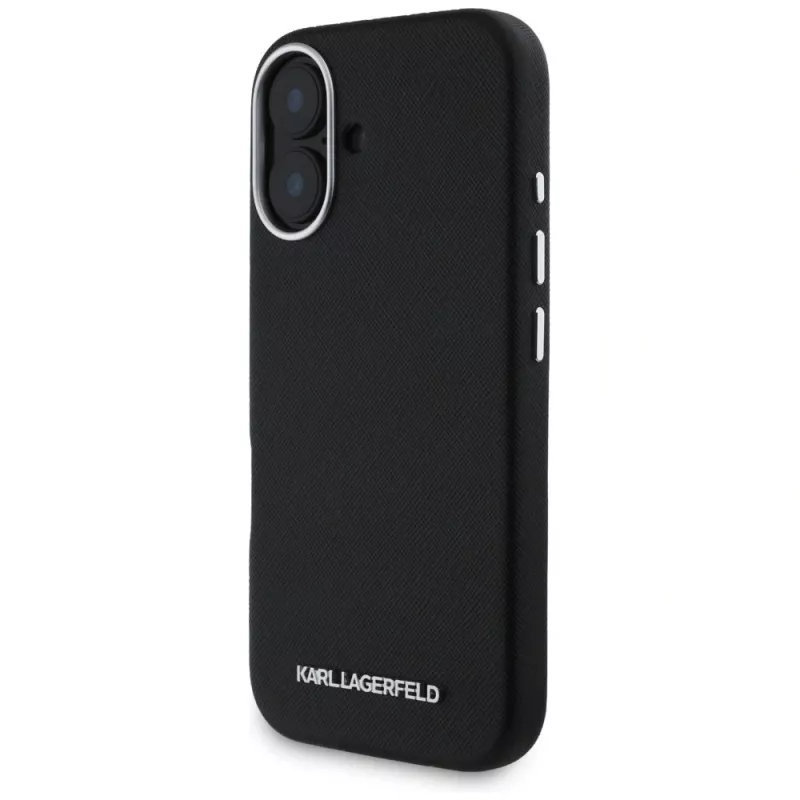 Karl Lagerfeld Saffiano FullWrapped Elongated Metal Logo MagSafe Case iPhone 16 musta