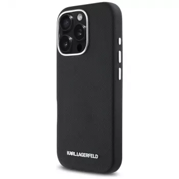 Karl Lagerfeld Saffiano Full Wrapped Elongated Metal Logo MagSafe Case iPhone 16 Pro musta