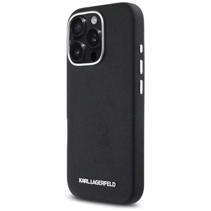 Karl Lagerfeld Saffiano Full Wrapped Elongated Metal Logo MagSafe Case iPhone 16 Pro musta