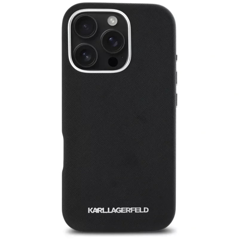Karl Lagerfeld Saffiano Full Wrapped Elongated Metal Logo MagSafe Case iPhone 16 Pro musta