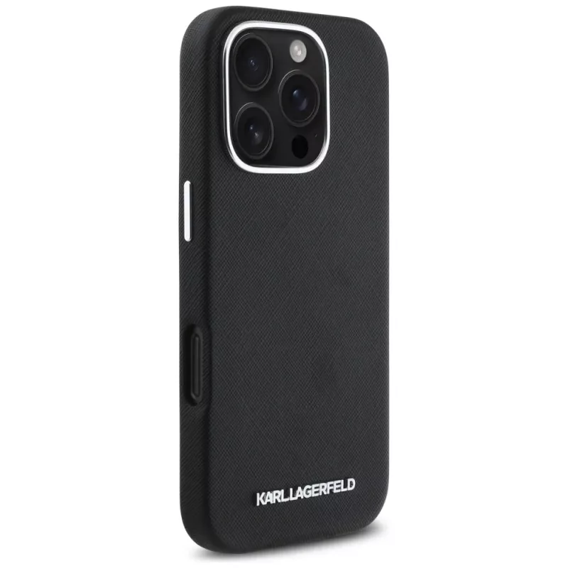 Karl Lagerfeld Saffiano Full Wrapped Elongated Metal Logo MagSafe Case iPhone 16 Pro musta