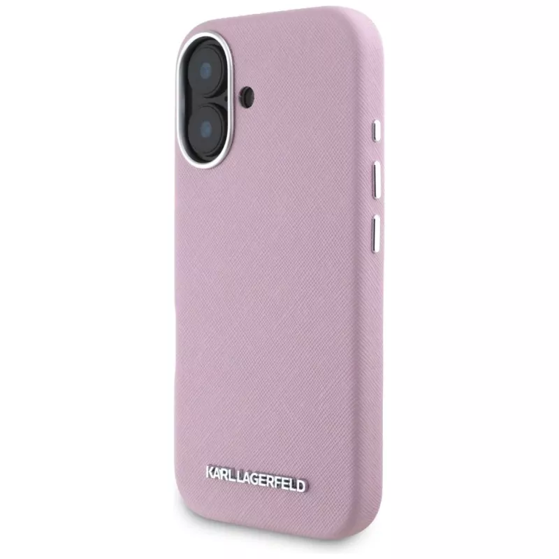 KARL LAGERFELD Saffiano Full Wrapped Elongated Metal Logo MagSafe Case Apple iPhone 16 - pinkki