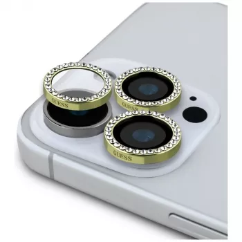 2-in-1 Guess BP Rhinestone -näytön ja kameran linssin suojasarja iPhone 16 Pro Max -kultainen