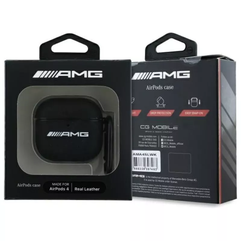AMG AMA4SLWK AirPods 4 -kotelo musta nahka valkoinen logo