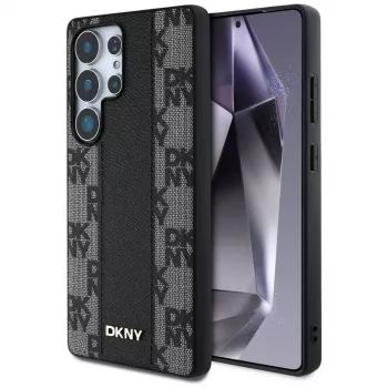 DKNY Leather Checkered Pattern MagSafe kuori Samsung Galaxy S25 Ultra musta