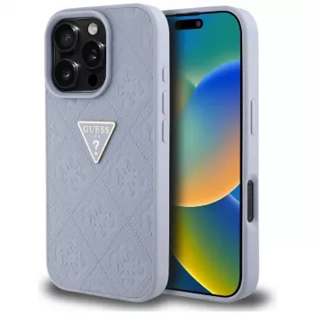 Guess Hot Stamp 4G Pattern Triangle Metal Logo kuori iPhone 16 Pro Max (violetti)