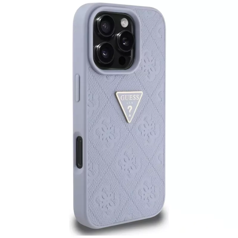 Guess Hot Stamp 4G Pattern Triangle Metal Logo kuori iPhone 16 Pro Max (violetti)
