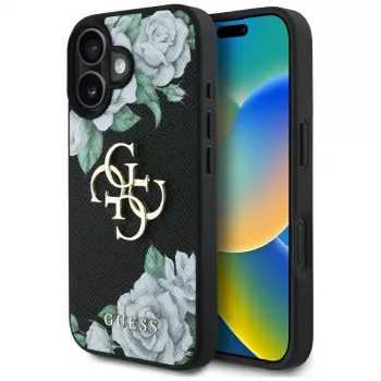 Guess Grained Roses Big 4G Logo Case Apple iPhone 16, musta
