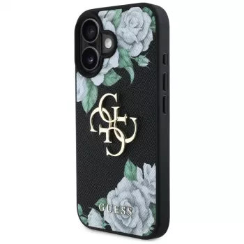 Guess Grained Roses Big 4G Logo Case Apple iPhone 16, musta