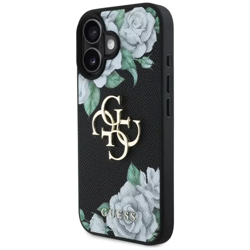 Guess Grained Roses Big 4G Logo Case Apple iPhone 16, musta
