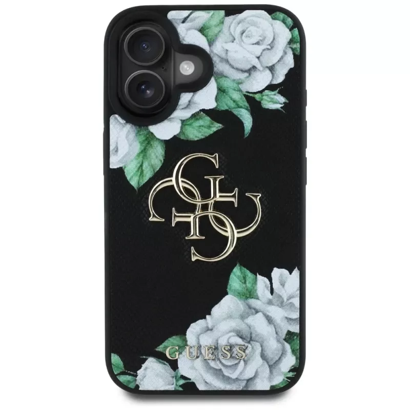 Guess Grained Roses Big 4G Logo Case Apple iPhone 16, musta