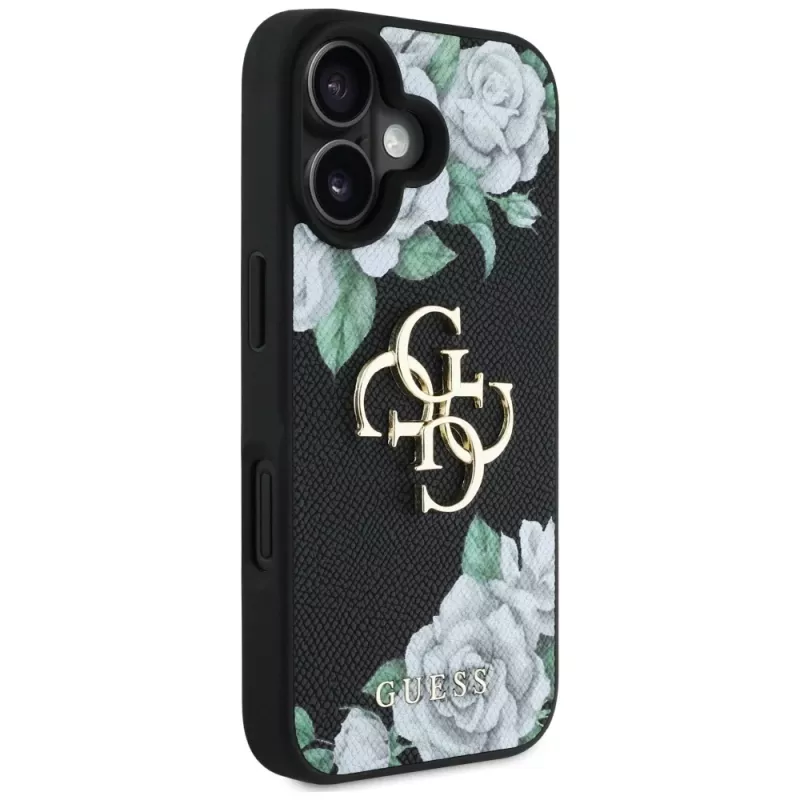 Guess Grained Roses Big 4G Logo Case Apple iPhone 16, musta