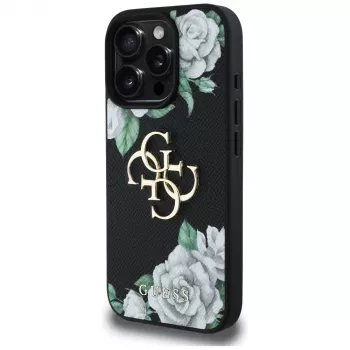 Guess Grained Roses Big 4G Logo Case Apple iPhone 16 Pro, musta