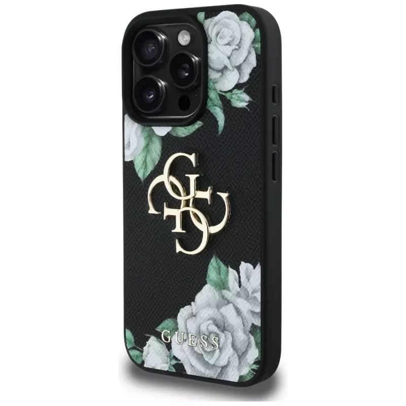 Guess Grained Roses Big 4G Logo Case Apple iPhone 16 Pro, musta